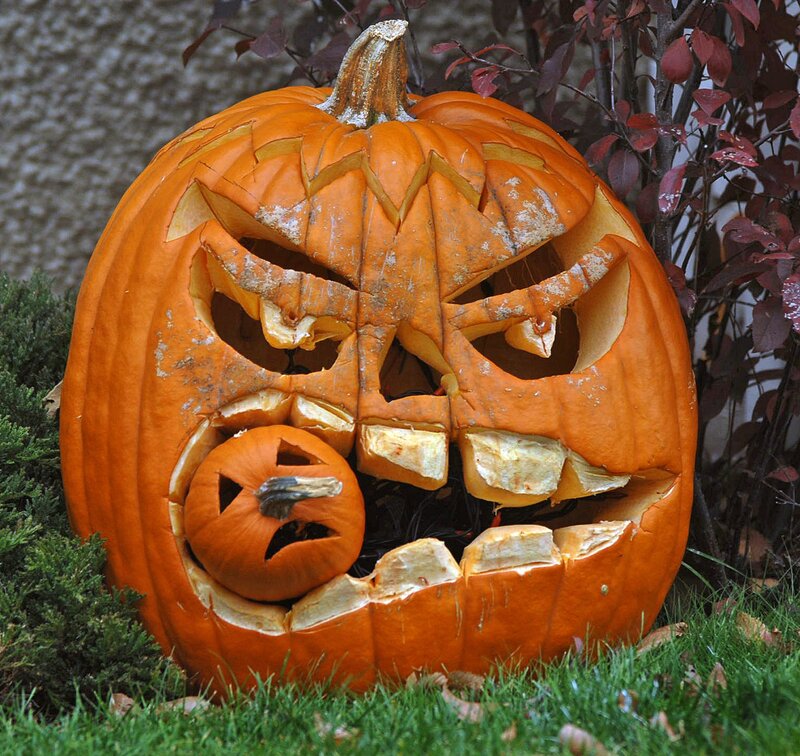 Carved Pumpkin with Smaller Pumpkin — Orange