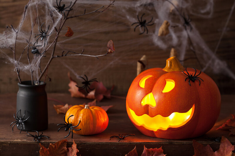 Carved Pumpkin with Spiders
