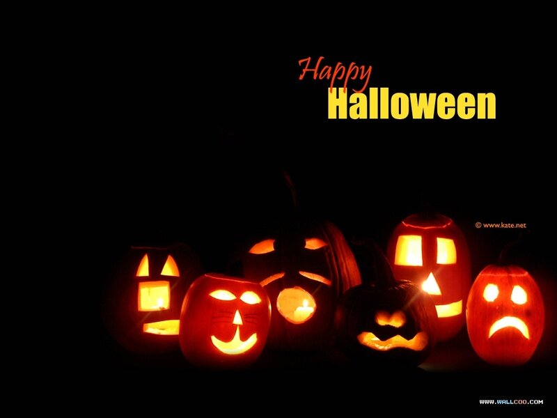 Carved Pumpkins at Night — Black, Spooky, Photograph, Text
