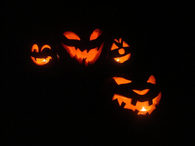 Carved Pumpkins at Night — Black, Spooky, Photograph