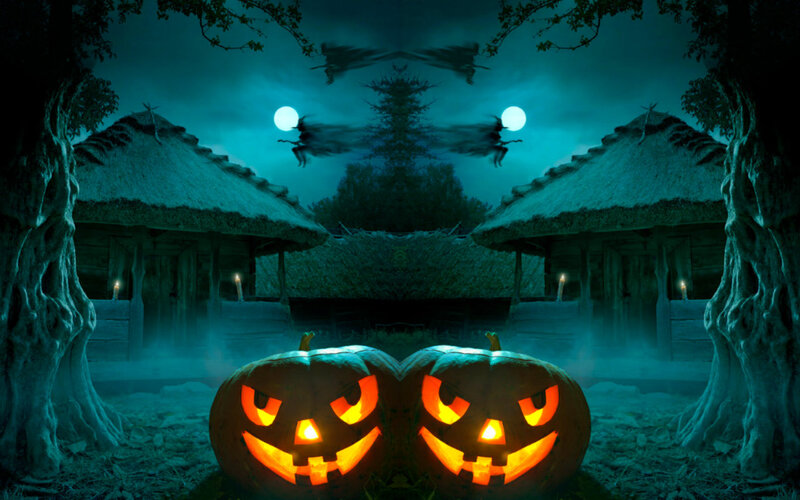 Carved Pumpkins at Night — Blue