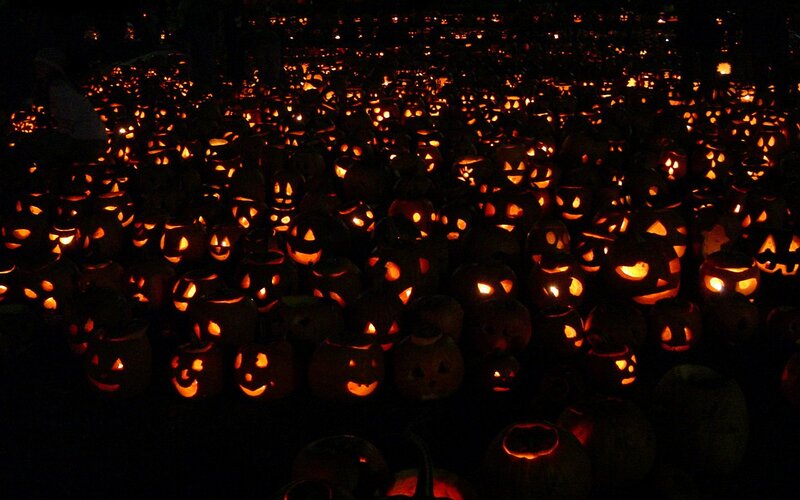 Carved Pumpkins at Night — Orange, Creepy, Photograph, Jack-o'-lanterns