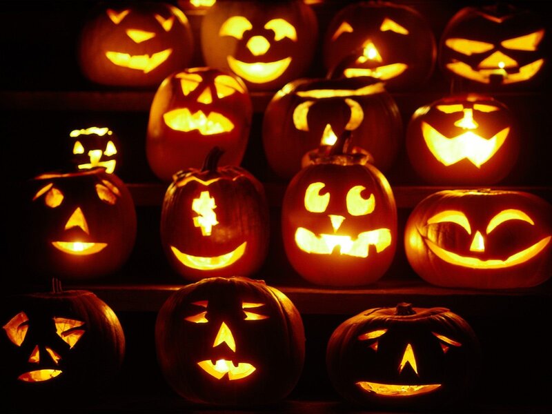 Carved Pumpkins at Night — Orange, Creepy, Photograph, Lights