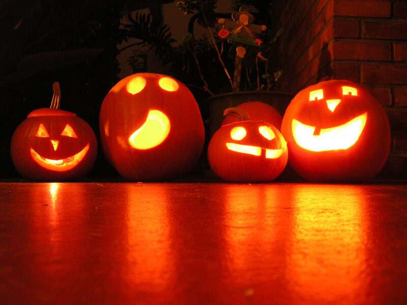 Carved Pumpkins at Night — Orange, Festive, Photograph