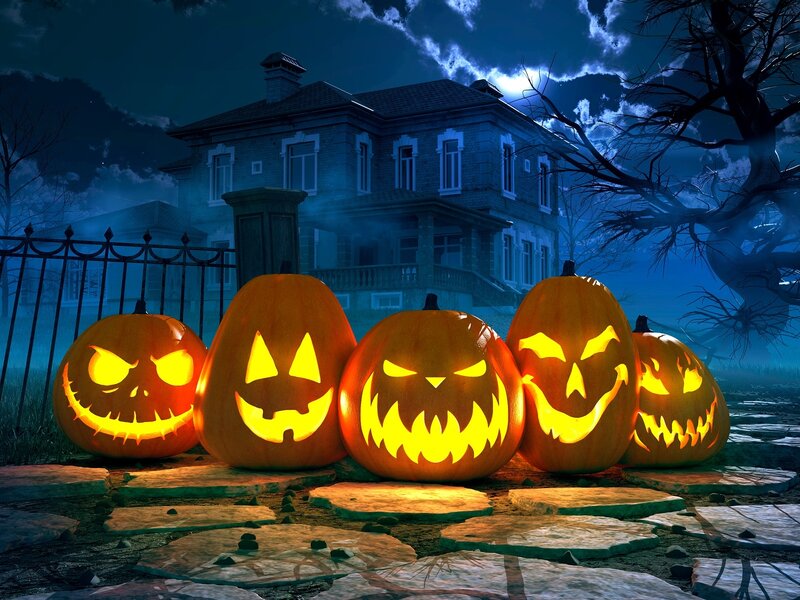 Carved Pumpkins at Night — Orange, Spooky, Digital Art