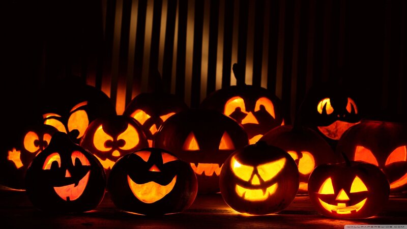 Carved Pumpkins at Night — Orange, Spooky, Photograph, Jack-o'-lanterns, Dark Background