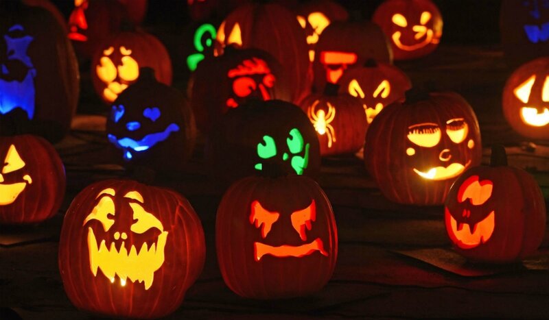 Carved Pumpkins at Night — Orange, Spooky, Photograph, Jack-o'-lanterns, Lights