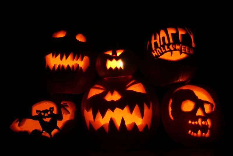 Carved Pumpkins at Night — Orange, Spooky, Photograph, Jack-o'-lanterns, Skull