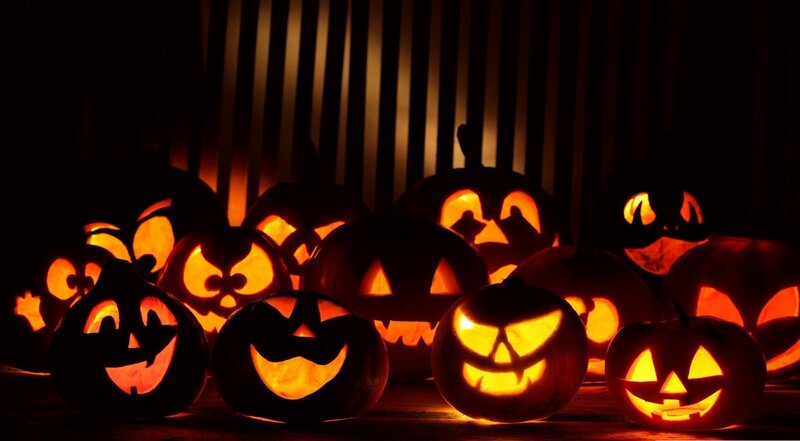 Carved Pumpkins at Night — Orange, Spooky, Photograph, Jack-o'-lanterns, Striped Wall, Light
