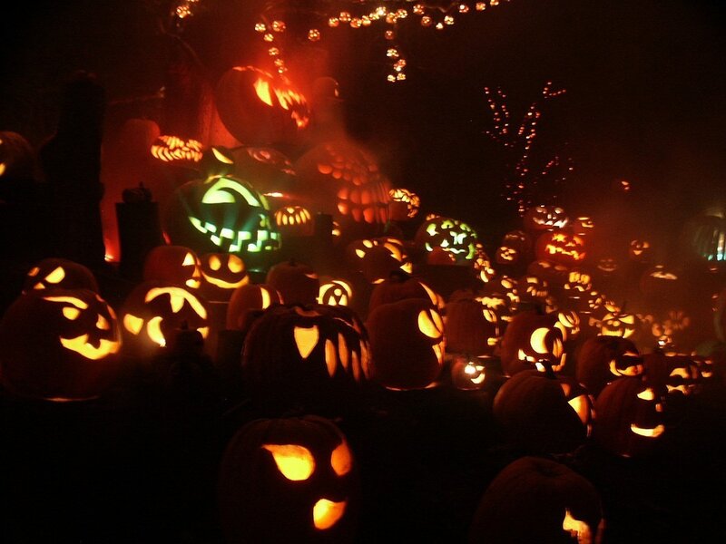 Carved Pumpkins at Night — Orange, Spooky, Photograph, Lights, Smoke