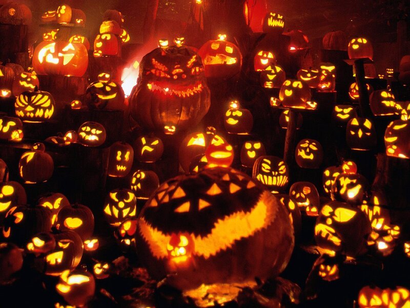 Carved Pumpkins Display — Orange, Spooky, Night, Photograph