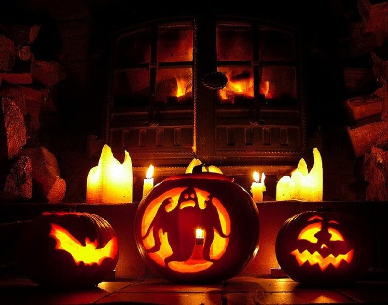 Carved Pumpkins in Fireplace