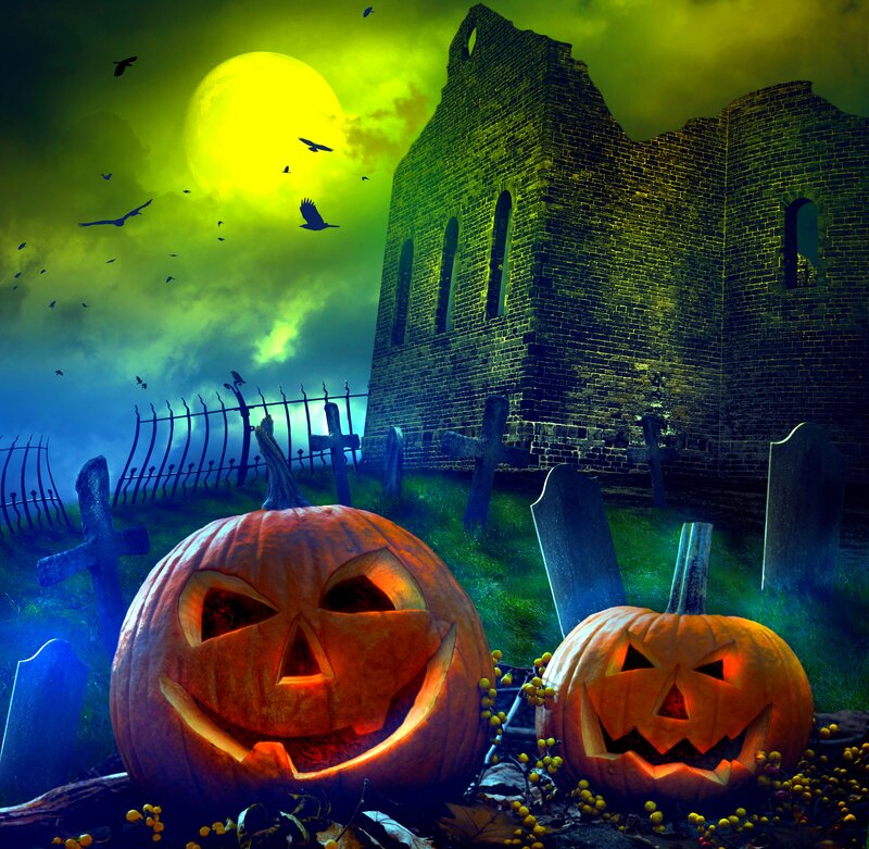 Carved Pumpkins in Graveyard — Green