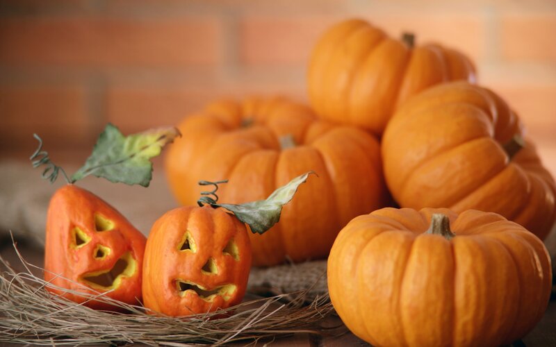 Carved Pumpkins in Hay