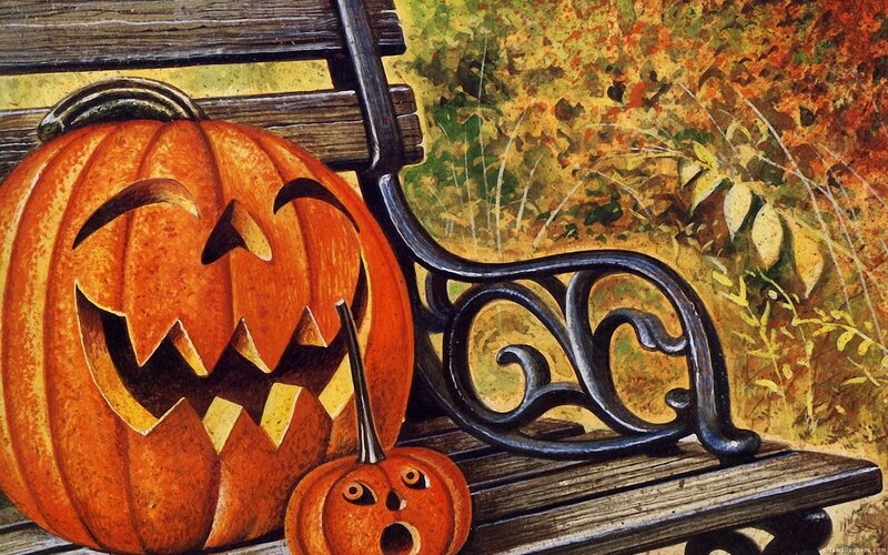 Carved Pumpkins on Bench — Orange