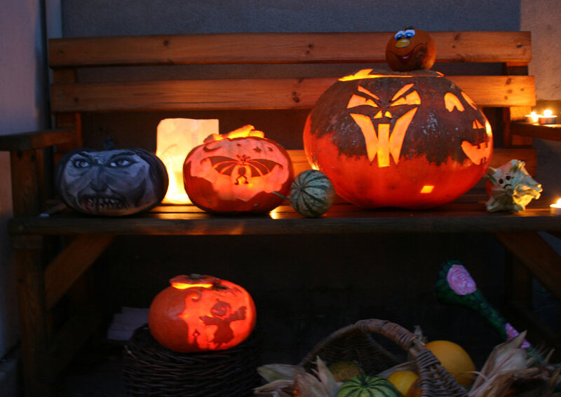 Carved Pumpkins on Bench