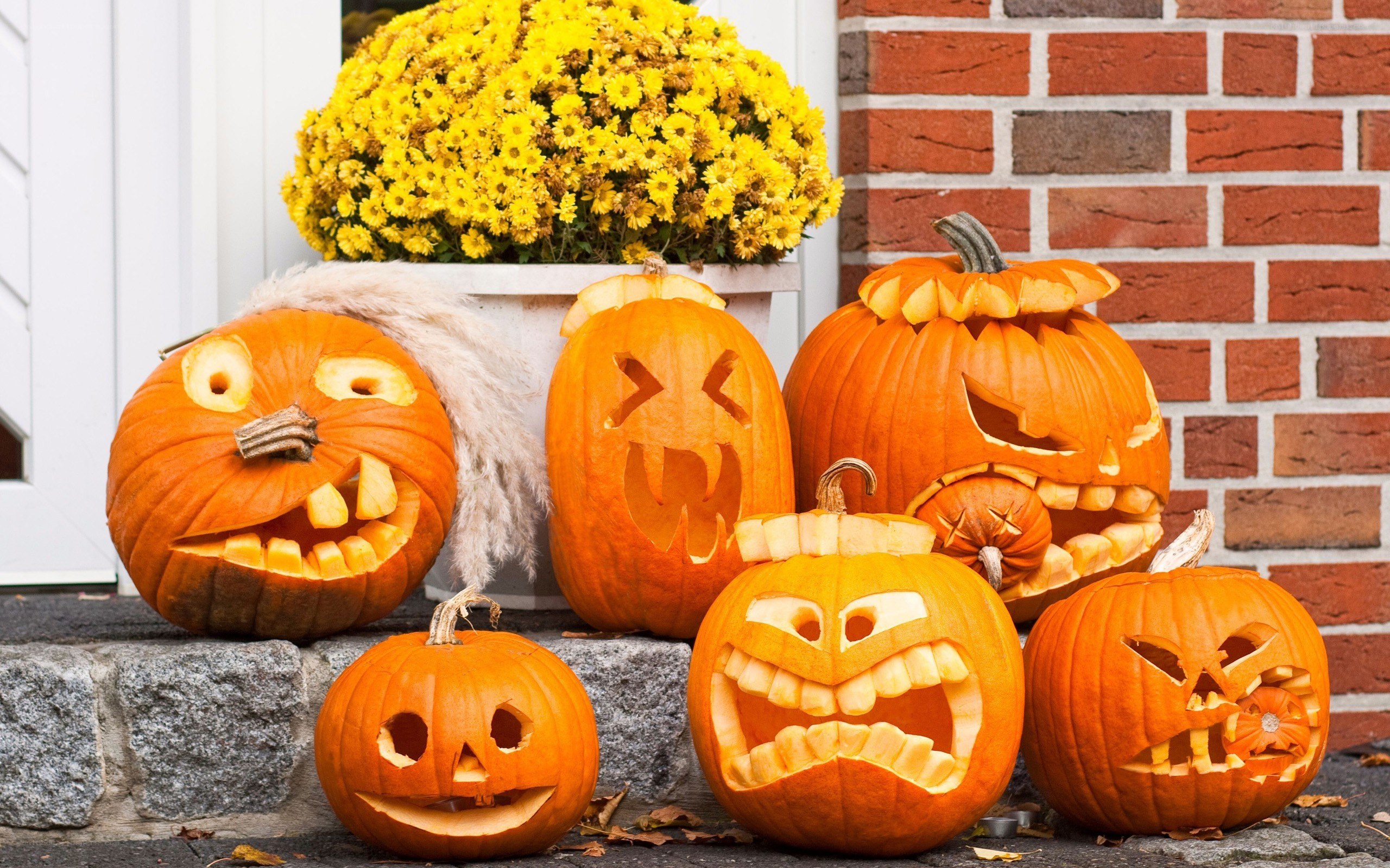 Carved pumpkins on porch
