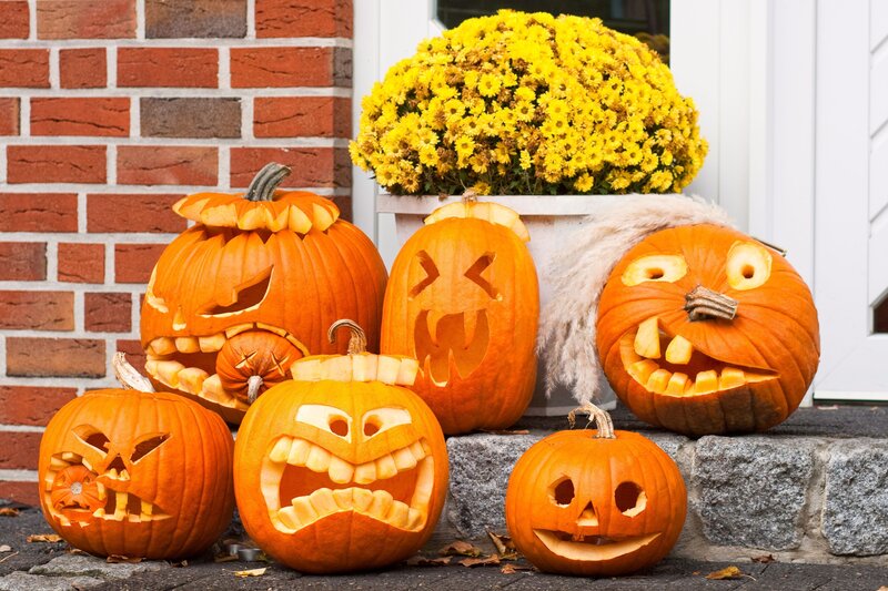 Carved Pumpkins on Porch — Orange, Festive