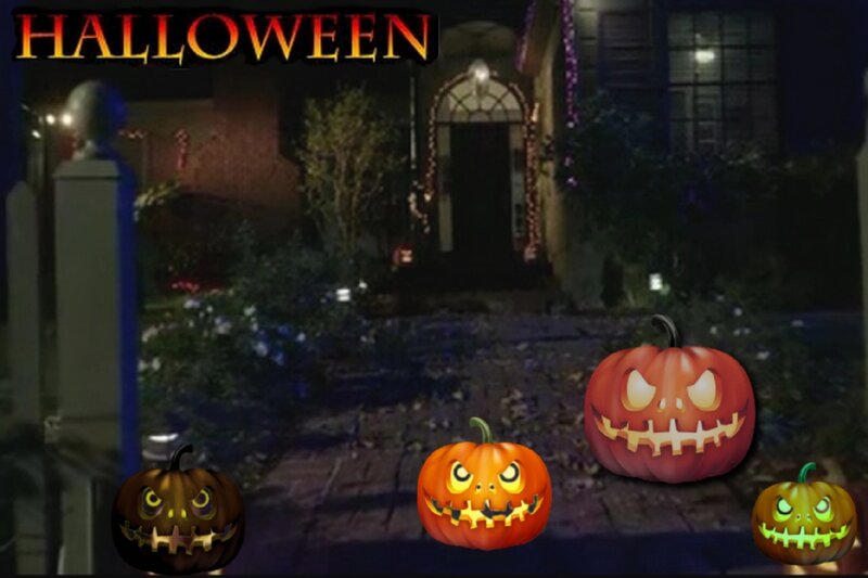 Carved Pumpkins on Porch — Orange, Spooky