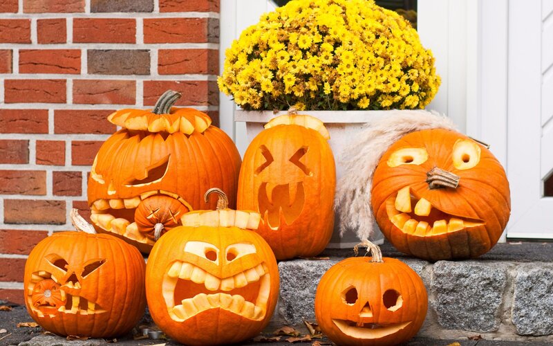 Carved Pumpkins on Porch — Orange