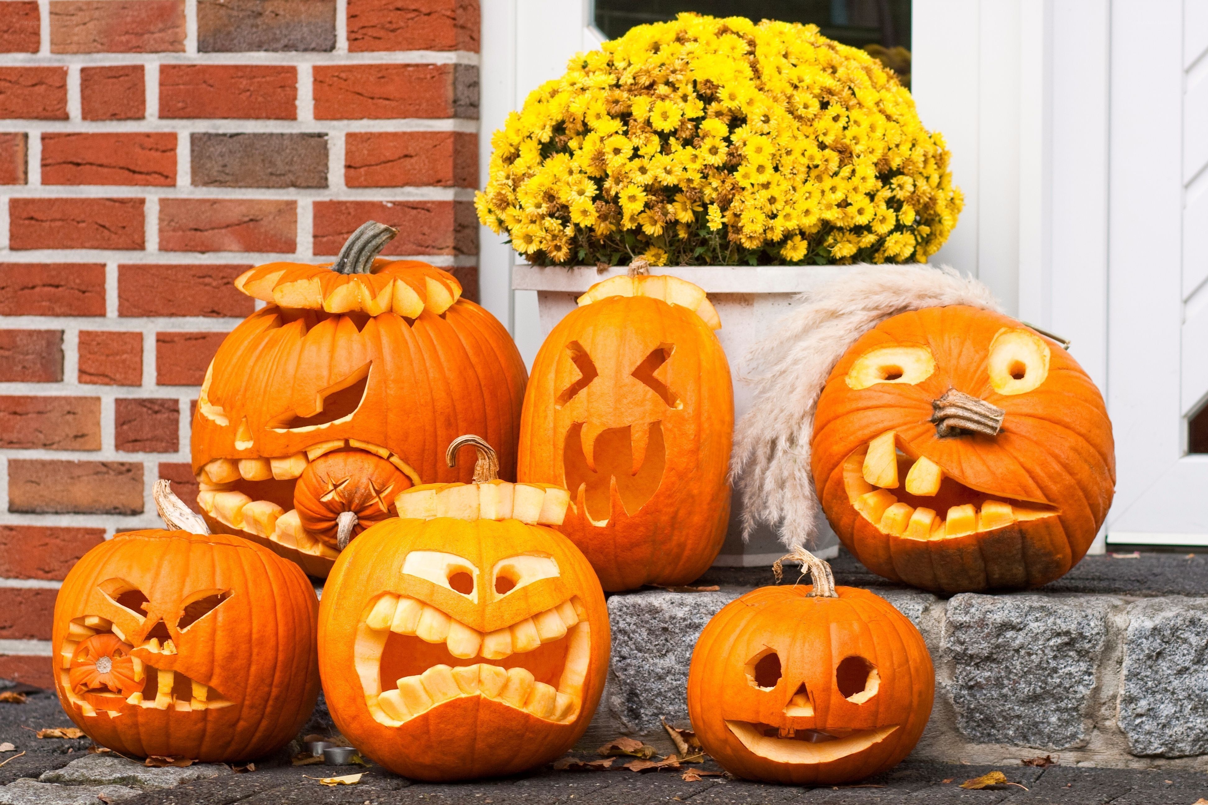 Carved pumpkins on porch