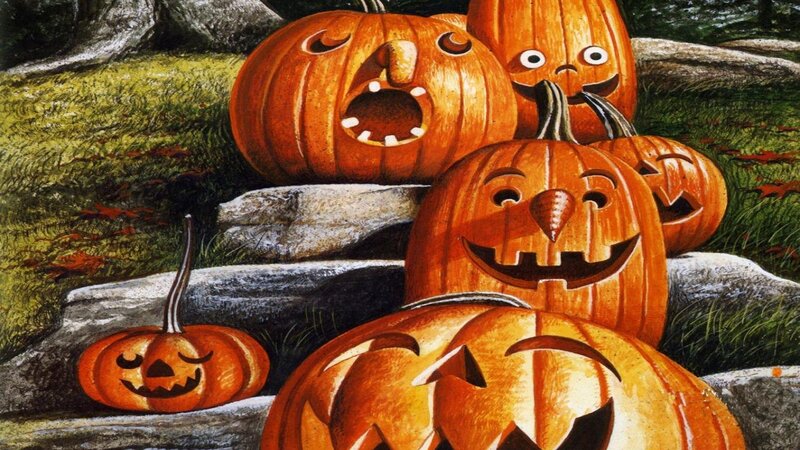 Carved Pumpkins on Rocks