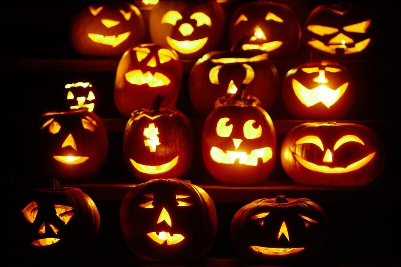 Carved Pumpkins on Shelves