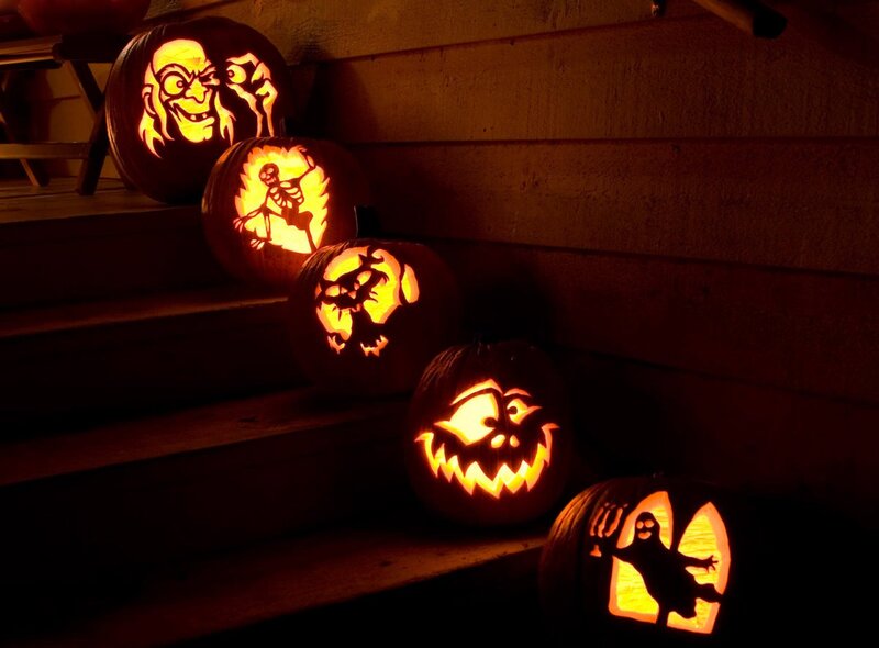 Carved Pumpkins on Steps — Orange, Dark