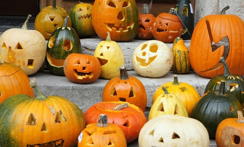 Carved Pumpkins on Steps — Orange, Festive
