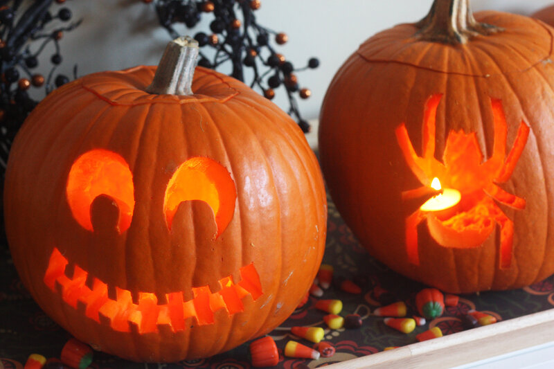 Carved Pumpkins on Table — Orange