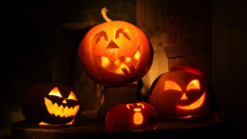 Carved Pumpkins — Orange, Dark, Night, Photograph