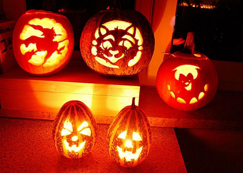Carved Pumpkins — Orange, Festive, Night, Photograph