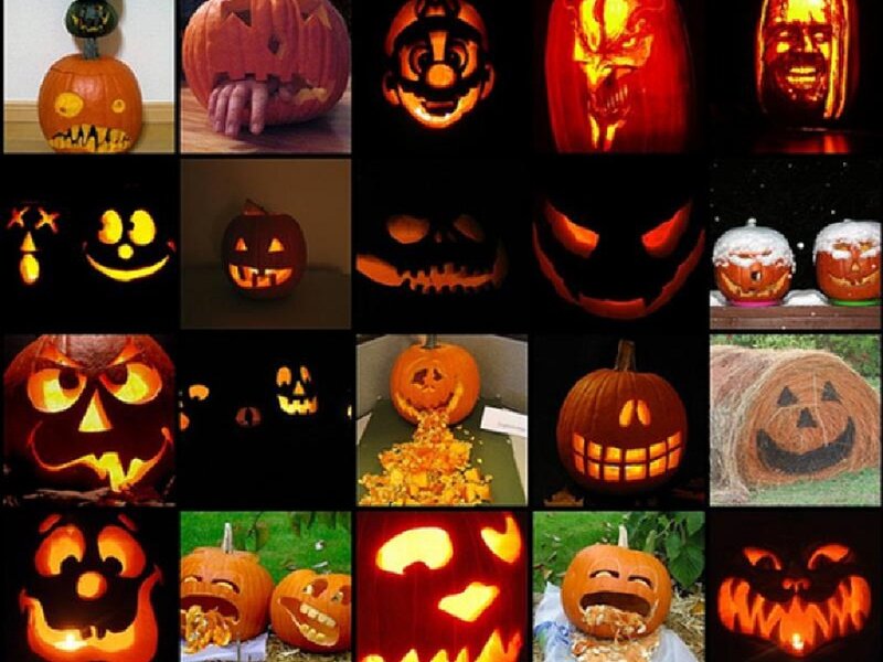 Carved Pumpkins — Orange, Spooky, Night, Photograph, Light Source