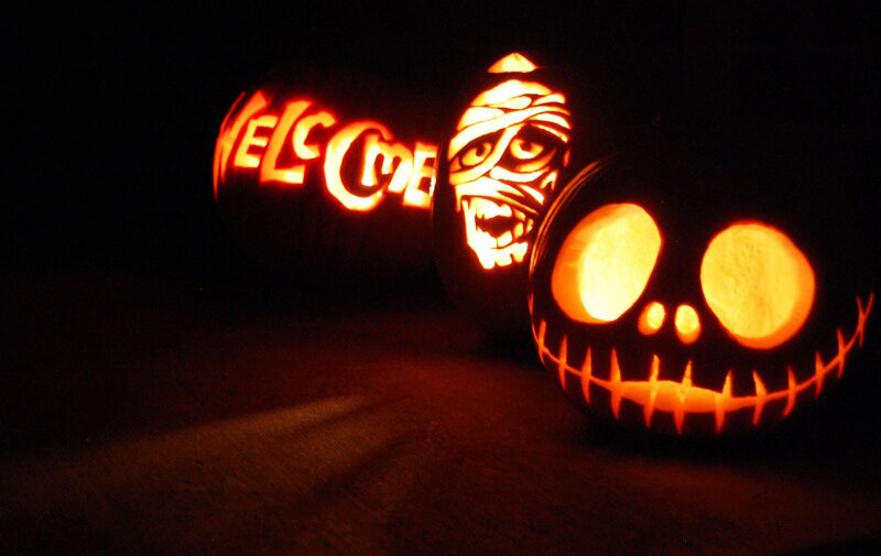 Carved Pumpkins — Orange, Spooky, Night, Photograph, Mummy