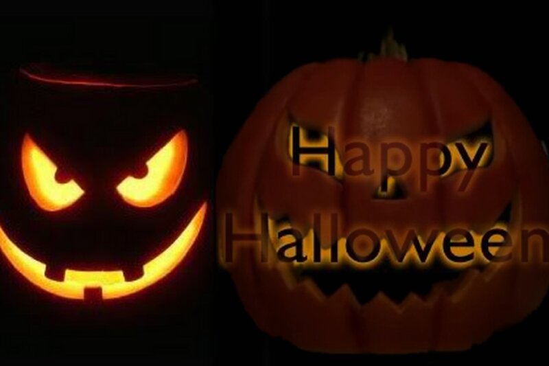 Carved Pumpkins — Orange, Spooky, Night, Photograph, Text