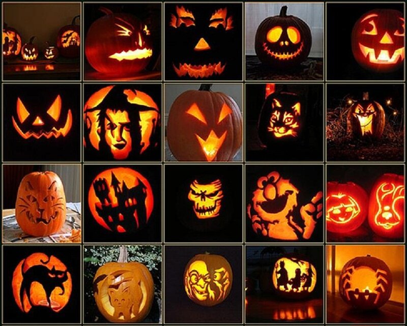 Carved Pumpkins — Orange, Spooky, Night, Photograph