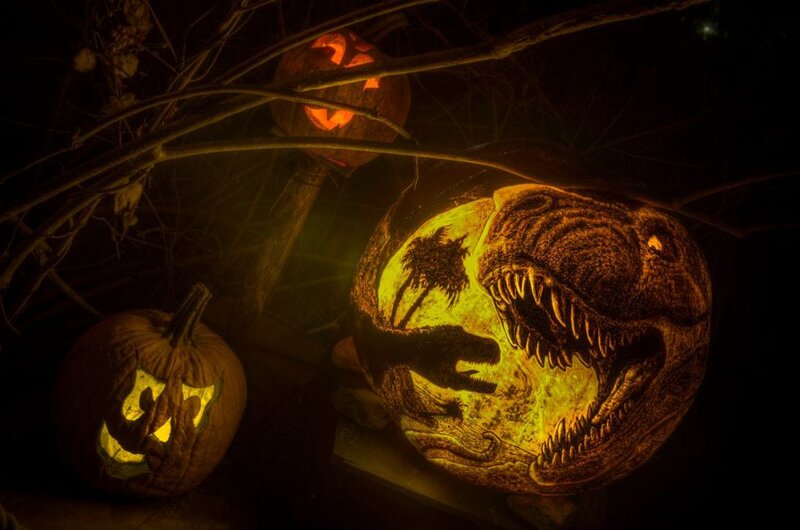 Carved Pumpkins with Dinosaur