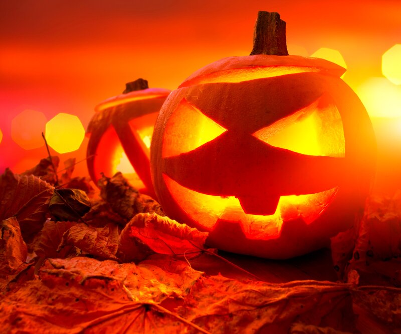 Carved Pumpkins with Leaves