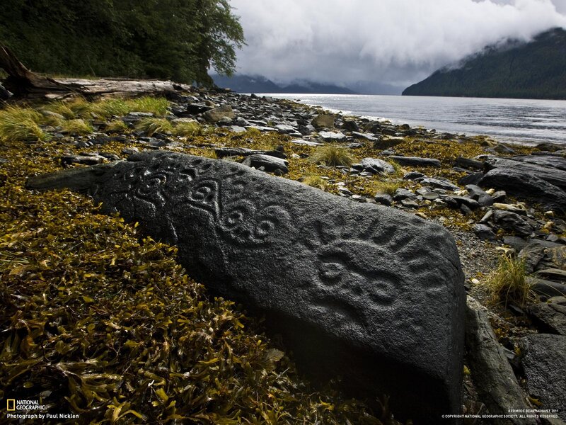 Carved rock on a rocky shore