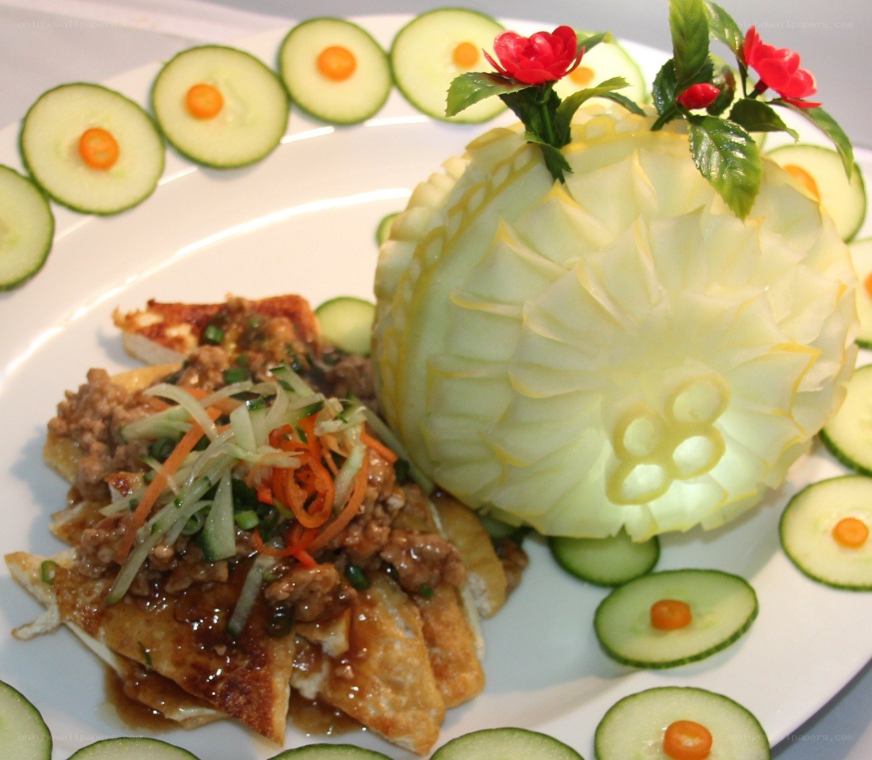 carved vegetable and tofu dish