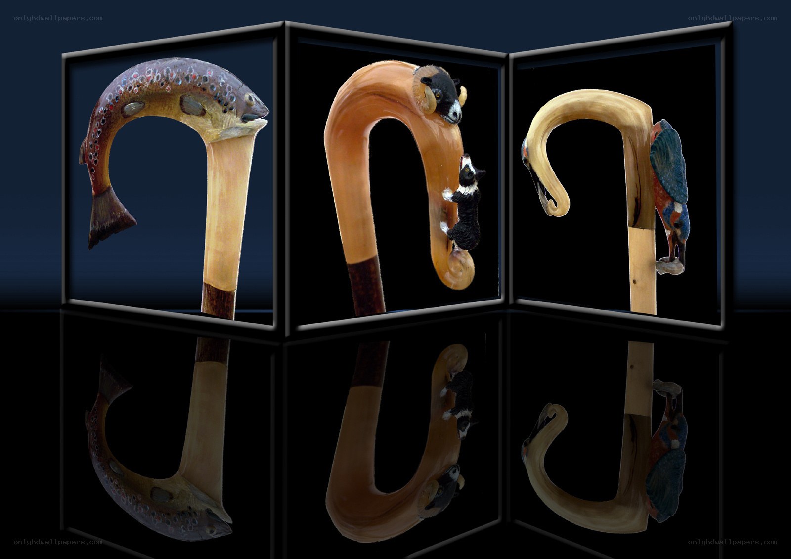 Carved walking sticks with animals