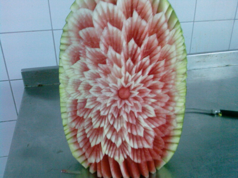 Carved Watermelon Flower — Red, Calm, Photograph, Table