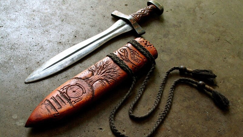 Carved Wooden Dagger Sheath — Brown, Ancient