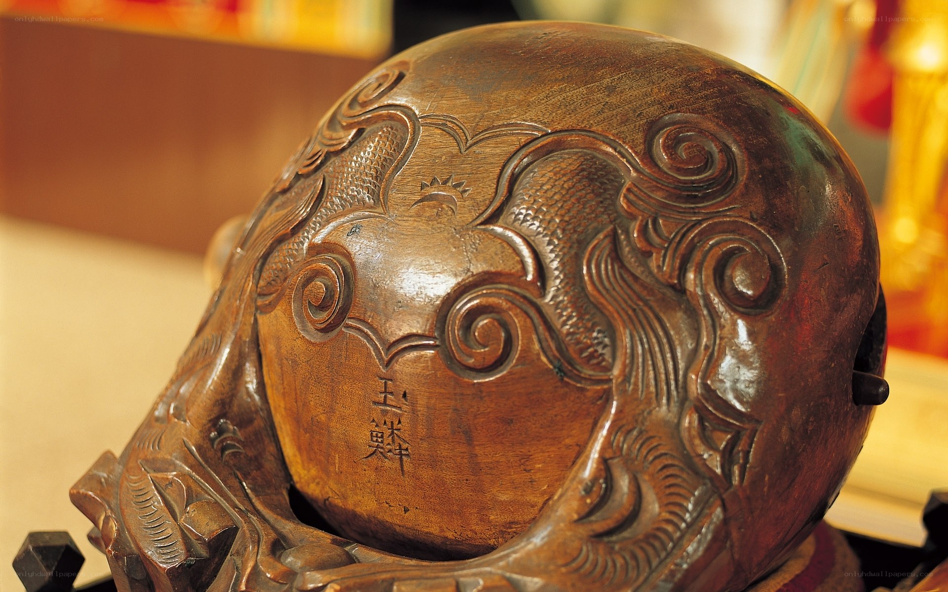 carved wooden helmet