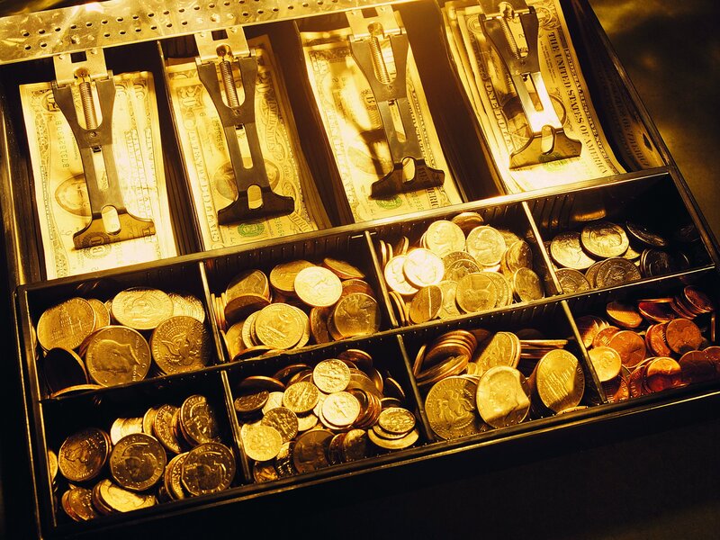 cash register drawer with money