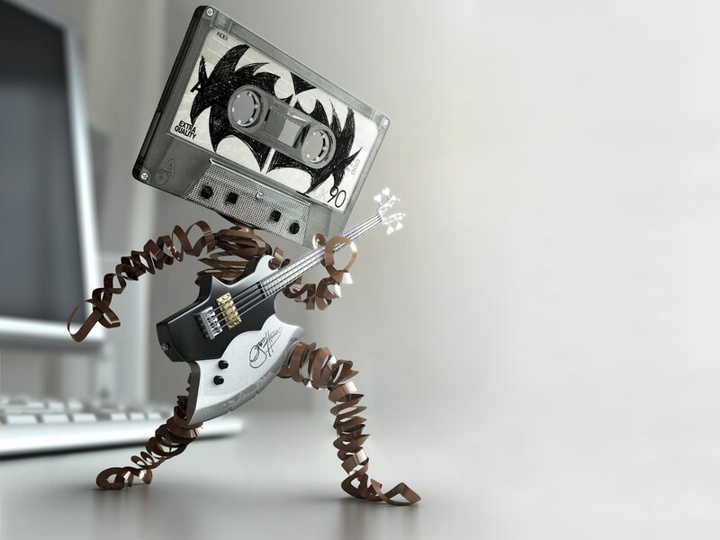 Cassette Tape Robot — Gray, Playful, 3d Render, Guitar, Laptop, Black