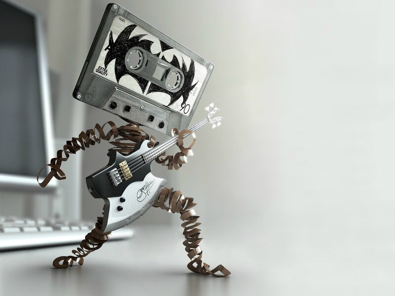 Cassette Tape Robot — Gray, Playful, 3d Render, Guitar, Laptop, Desk