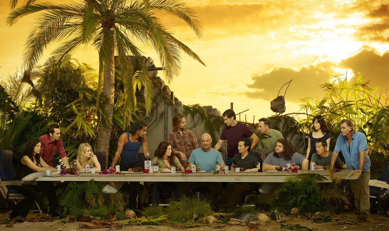 Cast at dinner on a tropical island