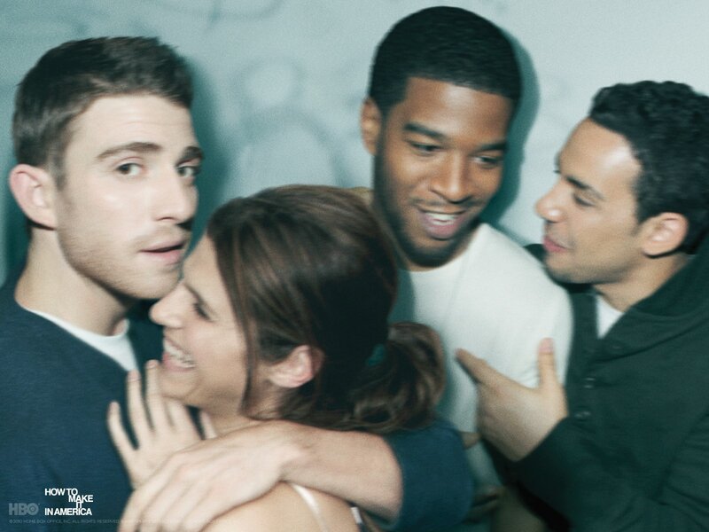 cast hugging on set
