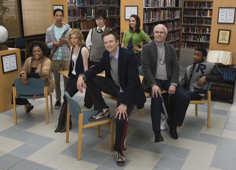 Cast of a comedy show in a library